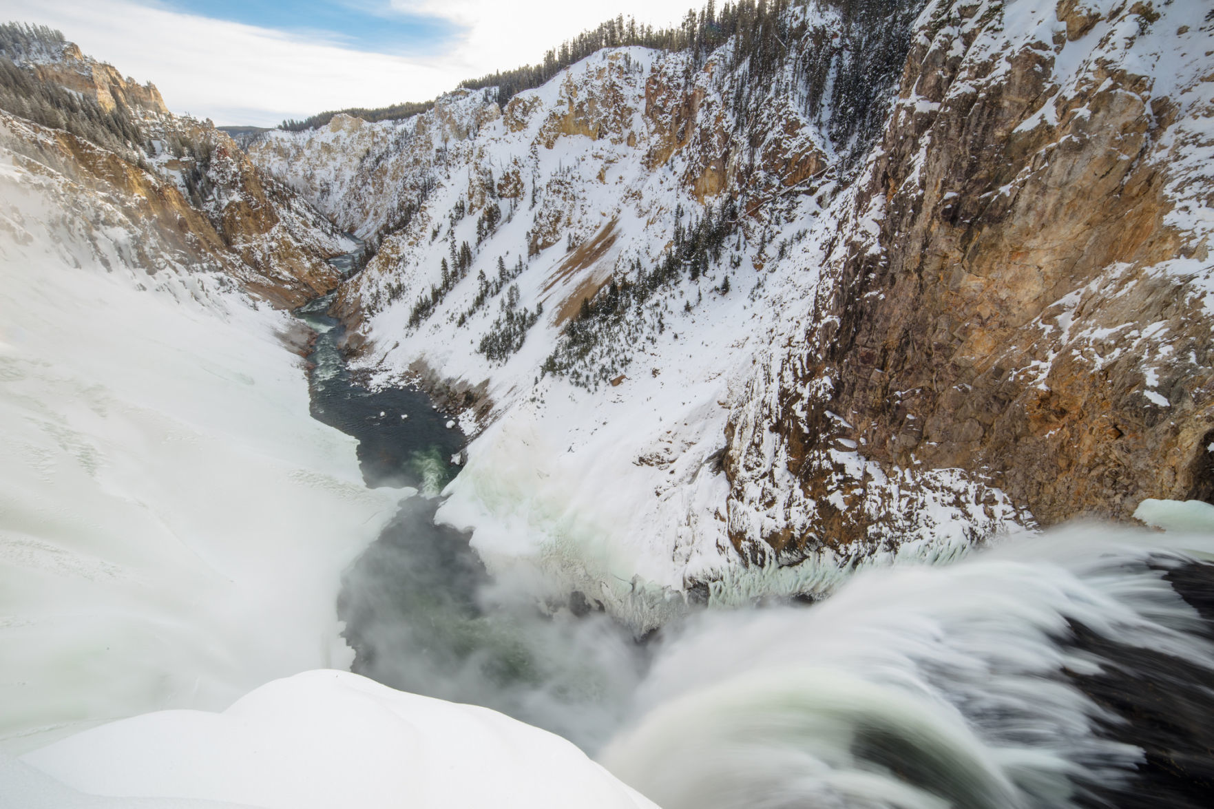 Brink of the Lower Falls after a snow storm